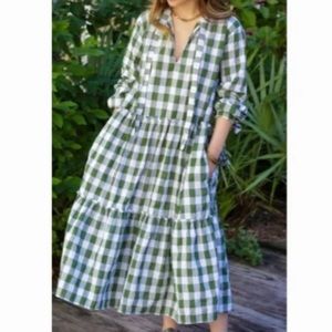 NWT LJC Designs Green White Plaid Tie Long Sleeve Maxi Dress Small